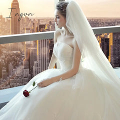 Ingvn - Real Photo Wedding Dress Luxury Lace Strapless Gown Elegant Long Train Princess Vestido De