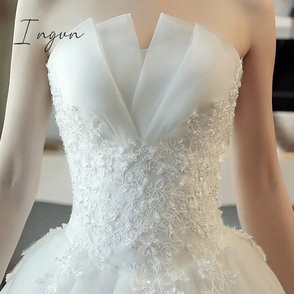 Ingvn - Real Photo Wedding Dress Luxury Lace Strapless Gown Elegant Long Train Princess Vestido De