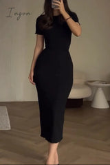 Casual Simplicity Solid Bandage O Neck Short Sleeve Dress Black / S Dresses/Short