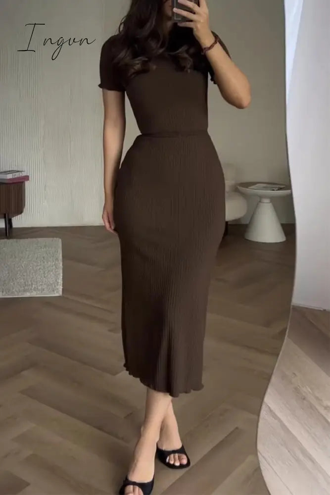Casual Simplicity Solid Bandage O Neck Short Sleeve Dress Dark Brown / S Dresses/Short