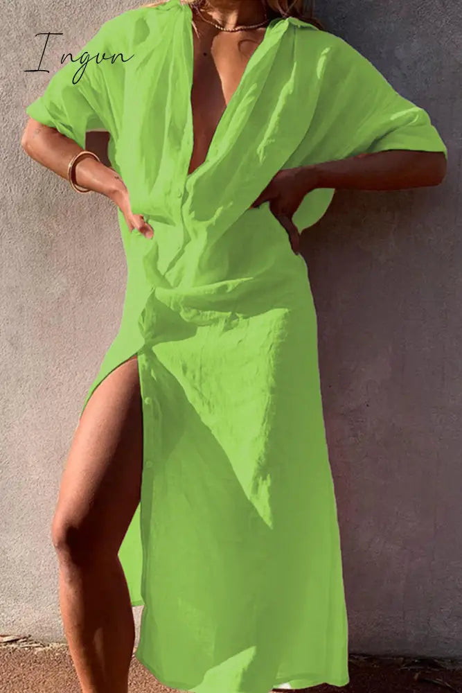 Casual Simplicity Solid Buttons Turndown Collar Shirt Dress Dresses Green / S Dresses/Casual