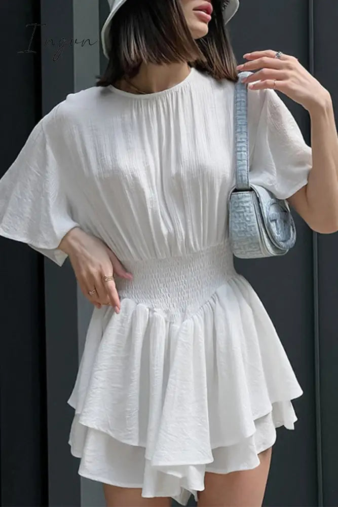 Casual Solid Flounce O Neck Waist Skirt Dresses White / S Dresses/Short