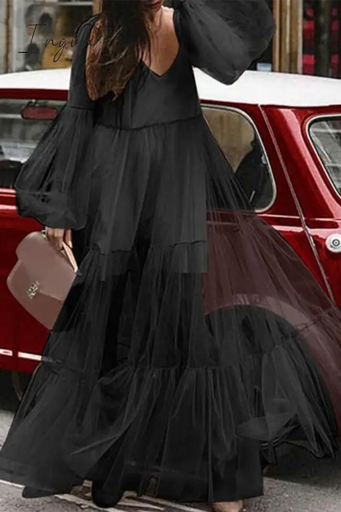 Casual Solid Mesh V Neck Dress Dresses Black / S Dresses/Casual