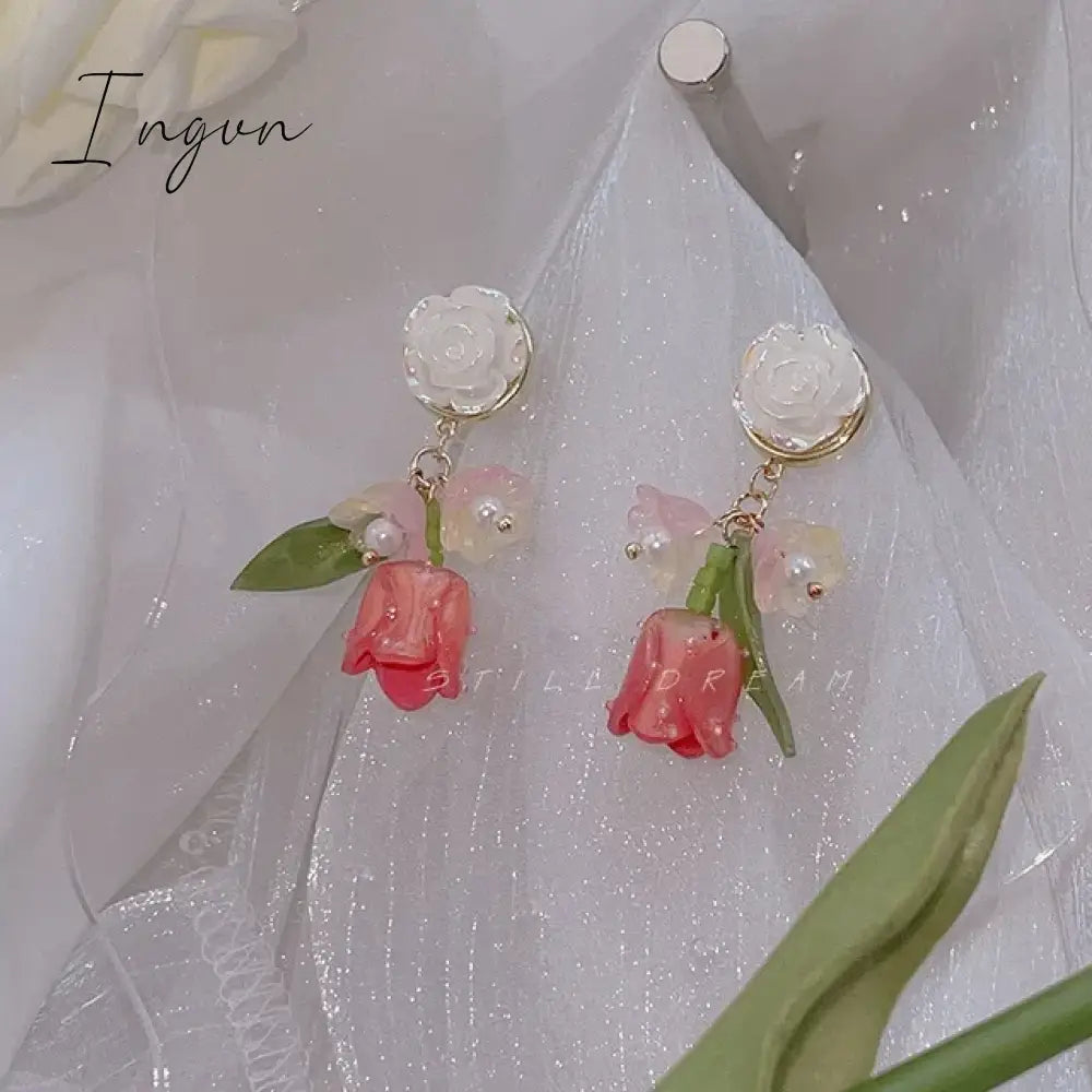 French Light Luxury Pink Tulip Flower Pearl Stud Earrings For Women Korean Zircon Exquisite Earring