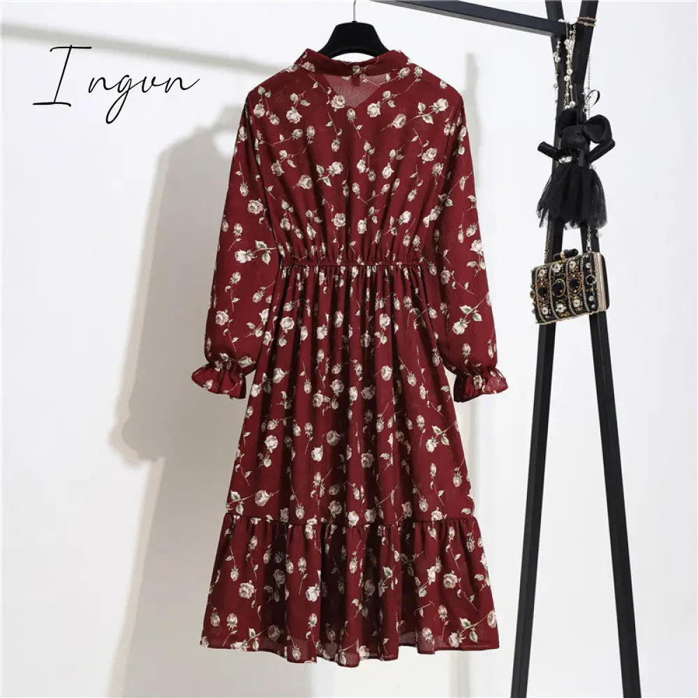 Ingvn - 11 Style Beautiful Fashion Summer Women Long Sleeve Dress Retro Collar Casual High Waist