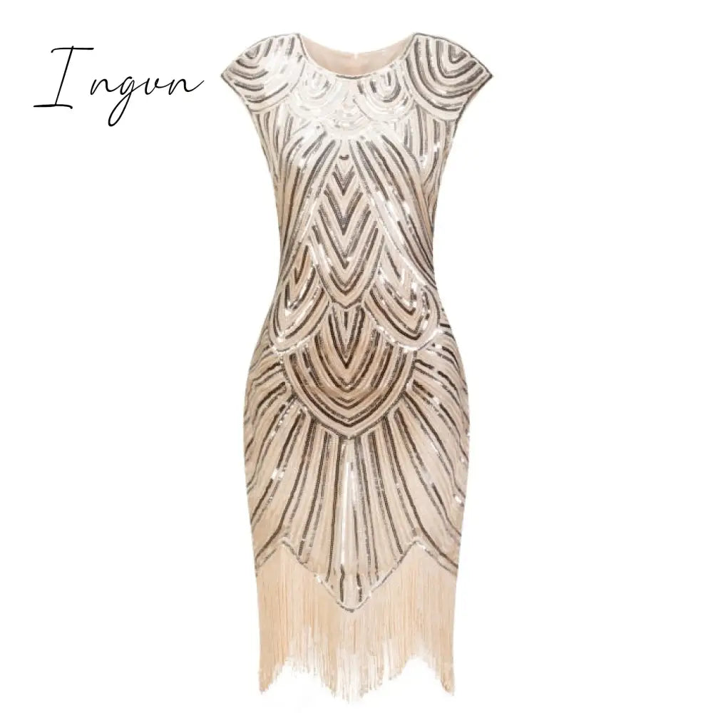 Ingvn - 1920S Flapper Dress Great Gatsby O - Neck Cap Sleeve Sequin Fringe Party Midi Vestido De