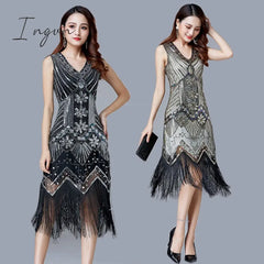 Ingvn - 1920S Vintage Flapper Great Gatsby Party Dress V-Neck Sleeveless Sequin Beaded Style Style