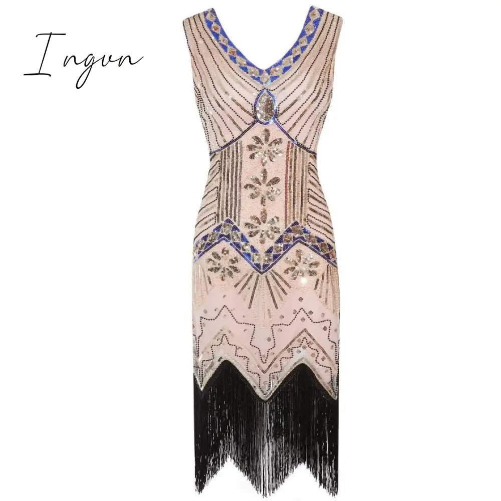 Ingvn - 1920S Vintage Flapper Great Gatsby Party Dress V-Neck Sleeveless Sequin Beaded Style Style