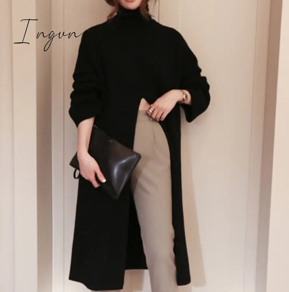 Ingvn - 2 Colors Autumn Winter Long Sweater Dress Female Sleeve Loose Knitted Womens Bodycon Robe