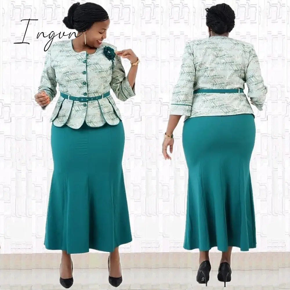 Ingvn - 2 Pcs Set Christmas African Dresses For Women Dashiki Long Maxi Dress Bazin Riche Clothing