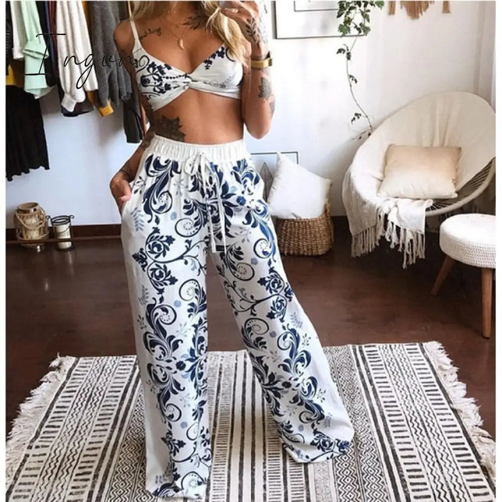 Ingvn - 2 Pecs Suit Summer Tracksuit Sets Womens Outfits Boho Beach Style Print Underwear Loose