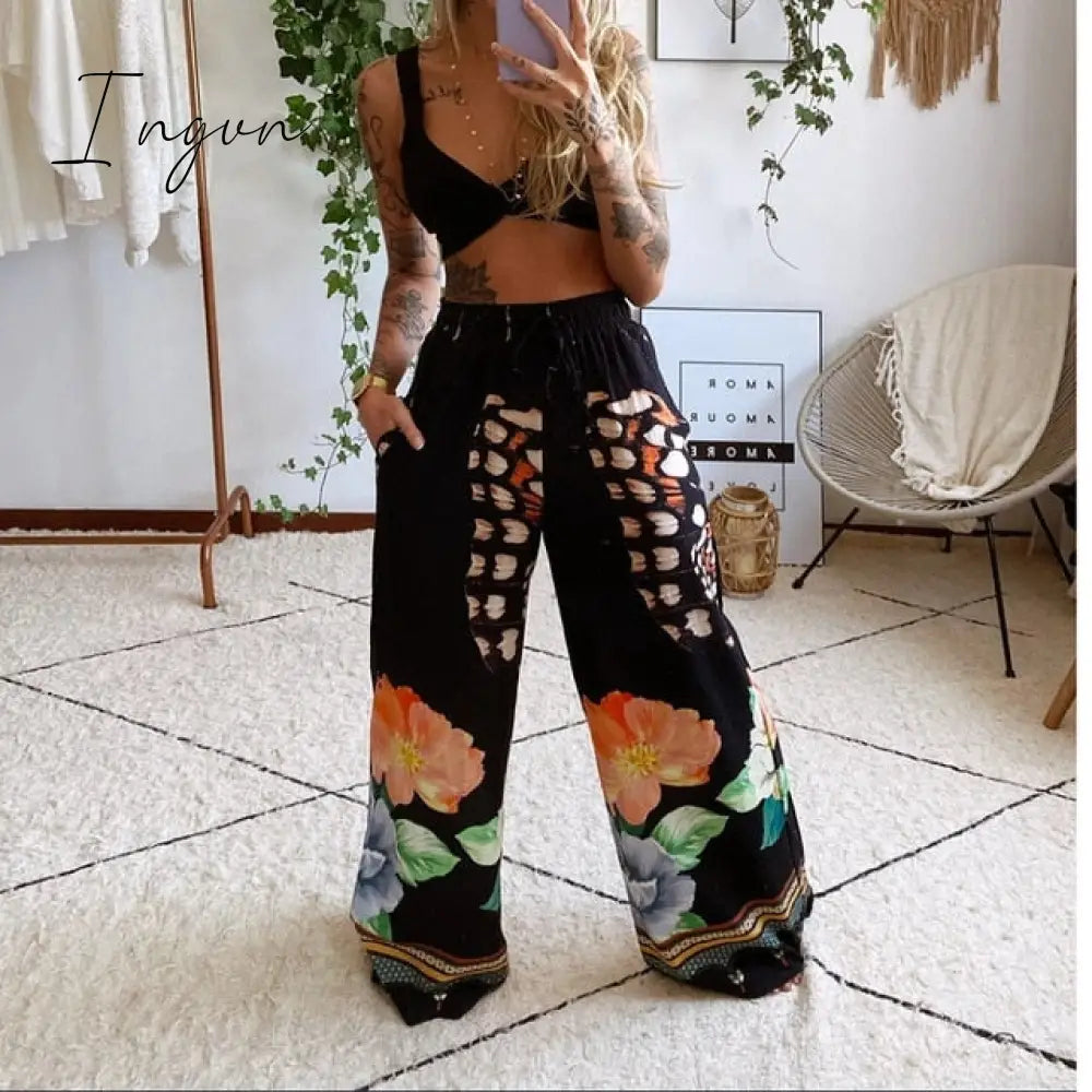 Ingvn - 2 Pecs Suit Summer Tracksuit Sets Womens Outfits Boho Beach Style Print Underwear Loose