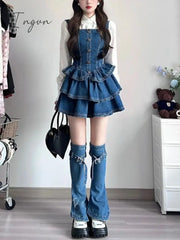 Ingvn - 2023 Autumn Camisole Jean Dress Sleeveless Denim Slim Vintage Y2K Mini Women 3 Piece Set