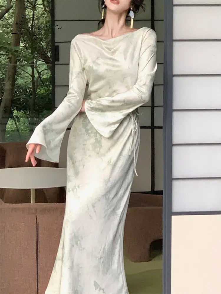 Ingvn - 2023 Autumn Vintage Midi Dress Women Casual Long Sleeve Slim Bodycon Elegant Office Lady