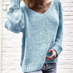 Ingvn - 2023 Casual Women Loose Solid Color Knitted Sweater V Neck Long Sleeve Top Clothing Pull