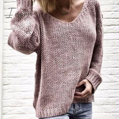 Ingvn - 2023 Casual Women Loose Solid Color Knitted Sweater V Neck Long Sleeve Top Clothing Pull