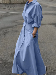 Ingvn - 2023 Fashion Female A Line Robe Solid Lapel Vestidos Women Casual Long Sleeve Dresses
