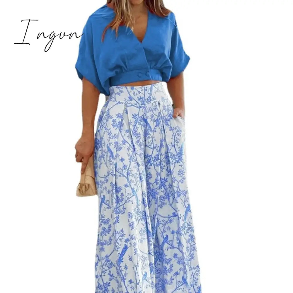 Ingvn - 2023 Fashion Summer Autumn Two Piece Sets Womens Sexy Mid Sleeve Shirt Elgant Floral Print