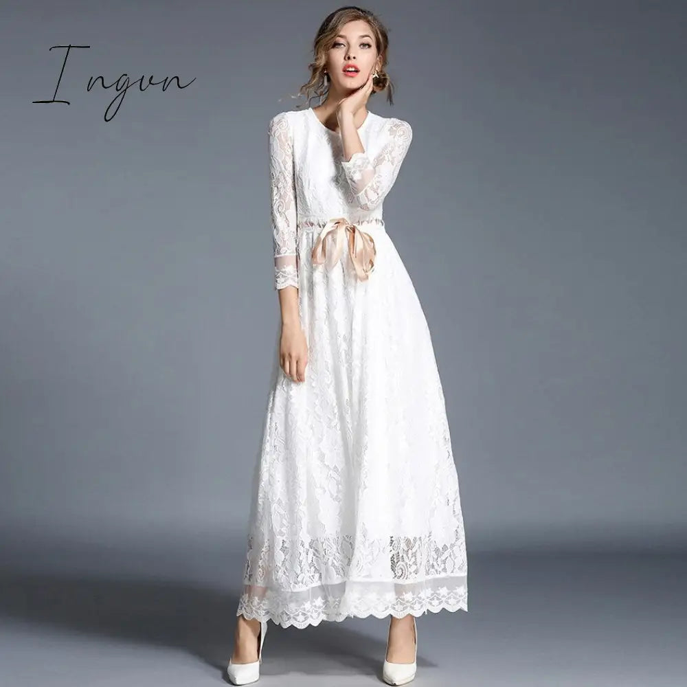 Ingvn - 2023 Fashion Trends High - End Hollow Out White Lace Dress Women Maxi Robe Femme Ete Autumn
