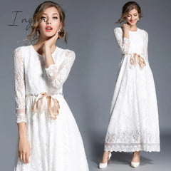 Ingvn - 2023 Fashion Trends High - End Hollow Out White Lace Dress Women Maxi Robe Femme Ete Autumn