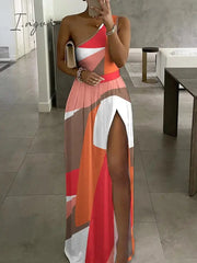 Ingvn - 2023 Fashion Trends Office Elegant One - Shoulder High Slit Long Dress Block Print Lady