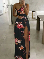 Ingvn - 2023 Fashion Trends Office Elegant One - Shoulder High Slit Long Dress Block Print Lady
