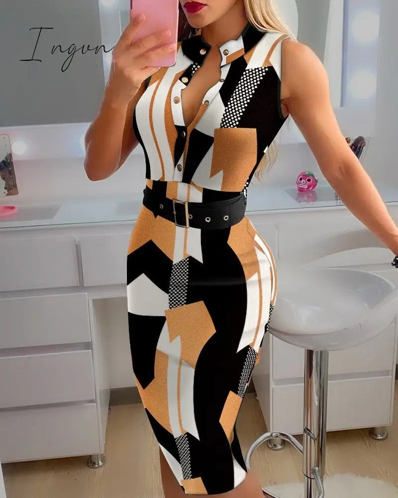 Ingvn - 2023 Fashion Women’s Clothing Summer Elegant Round Neck Button Sleeveless Belt Casual