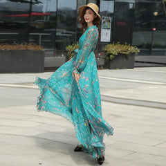 Ingvn - 2023 New Arrives Chiffon Long Sleeve Floral Print Dress Boho Plus Size Women Beach Party