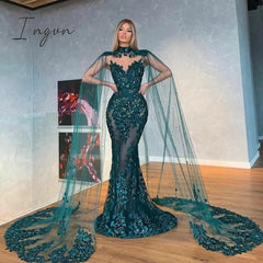 Ingvn - 2023 New Two Pieces Mermaid Evening Dresses With Cape Dark Green Lace Prom Gown Long Formal
