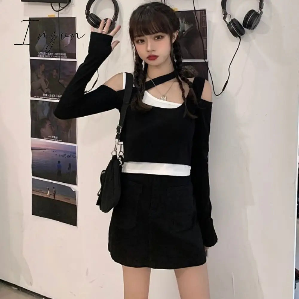 Ingvn - 2023 Shirts For Women Korean Woman Tshirts Chic Fake Two Long Sleeve Off Shoulder Tees Tops