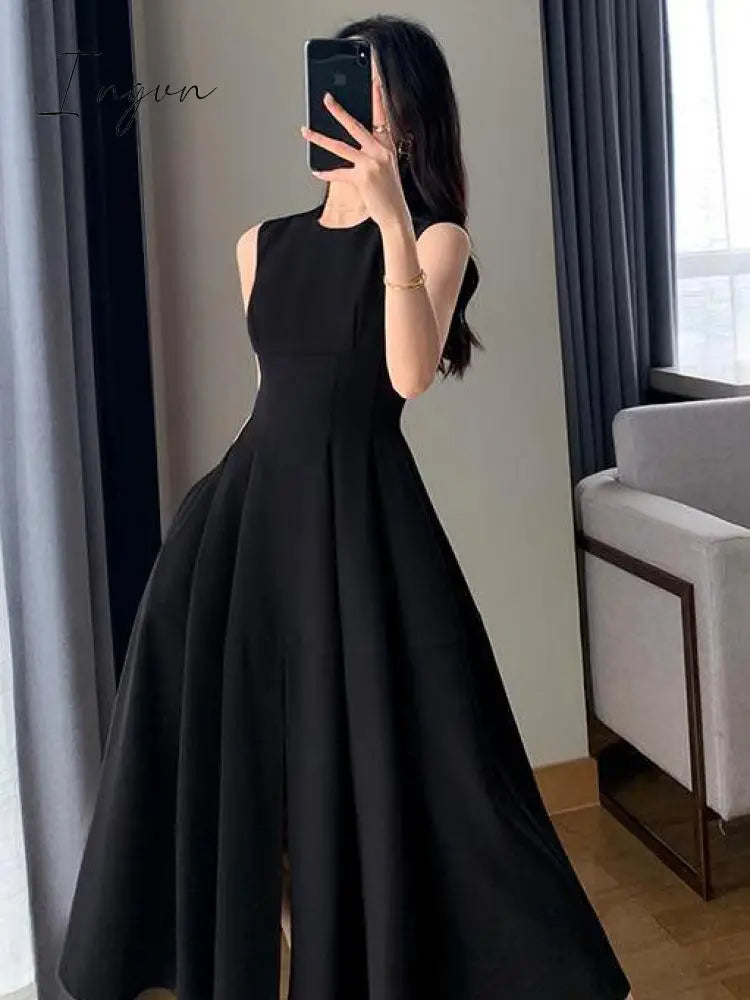 Ingvn - 2023 Summer Black Sleeveless A-Line Vest Dress Women Streetwear Sweet Sexy Long Dresses