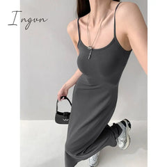 Ingvn - 2023 Summer Grey Dress Womens Straps Sleeveless Sexy Korean Fashion Black Suspender Simple