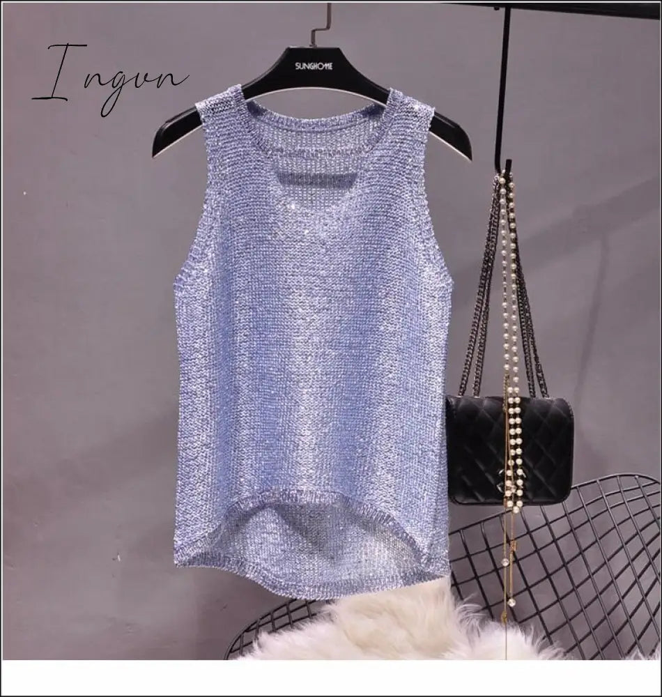Ingvn - 2023 Summer New Sexy Hollow Sequined Knit Camisole Top Sleeveless Out Shirt Women’s Loose