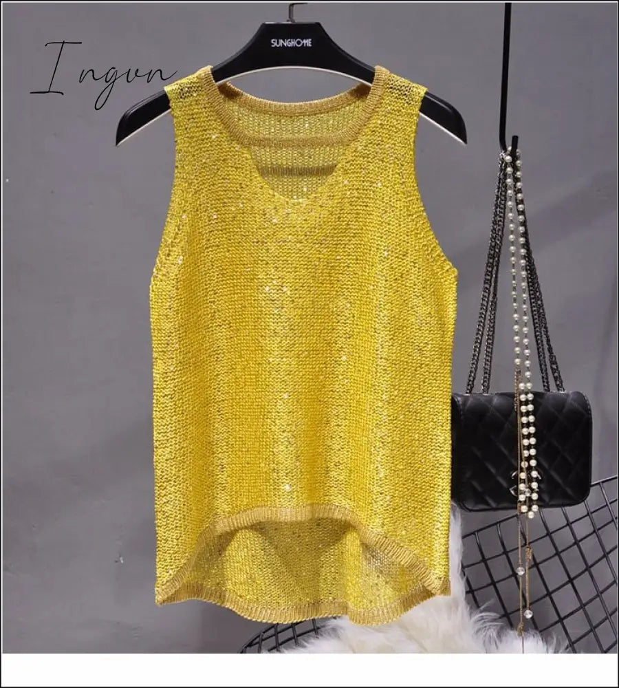 Ingvn - 2023 Summer New Sexy Hollow Sequined Knit Camisole Top Sleeveless Out Shirt Women’s Loose