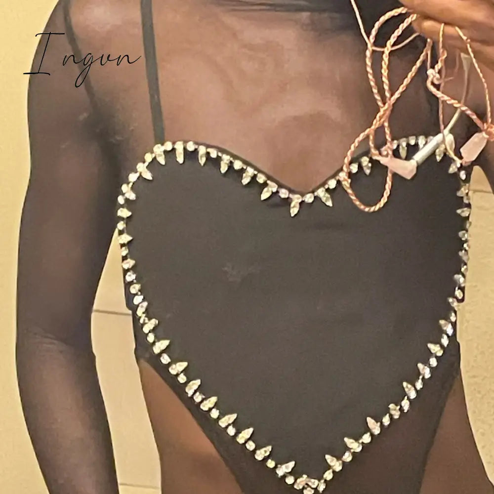 Ingvn - 2023 Summer Sexy Patchwork Diamond Vest For Women V Neck Sleeveless Black Tank Tops Female