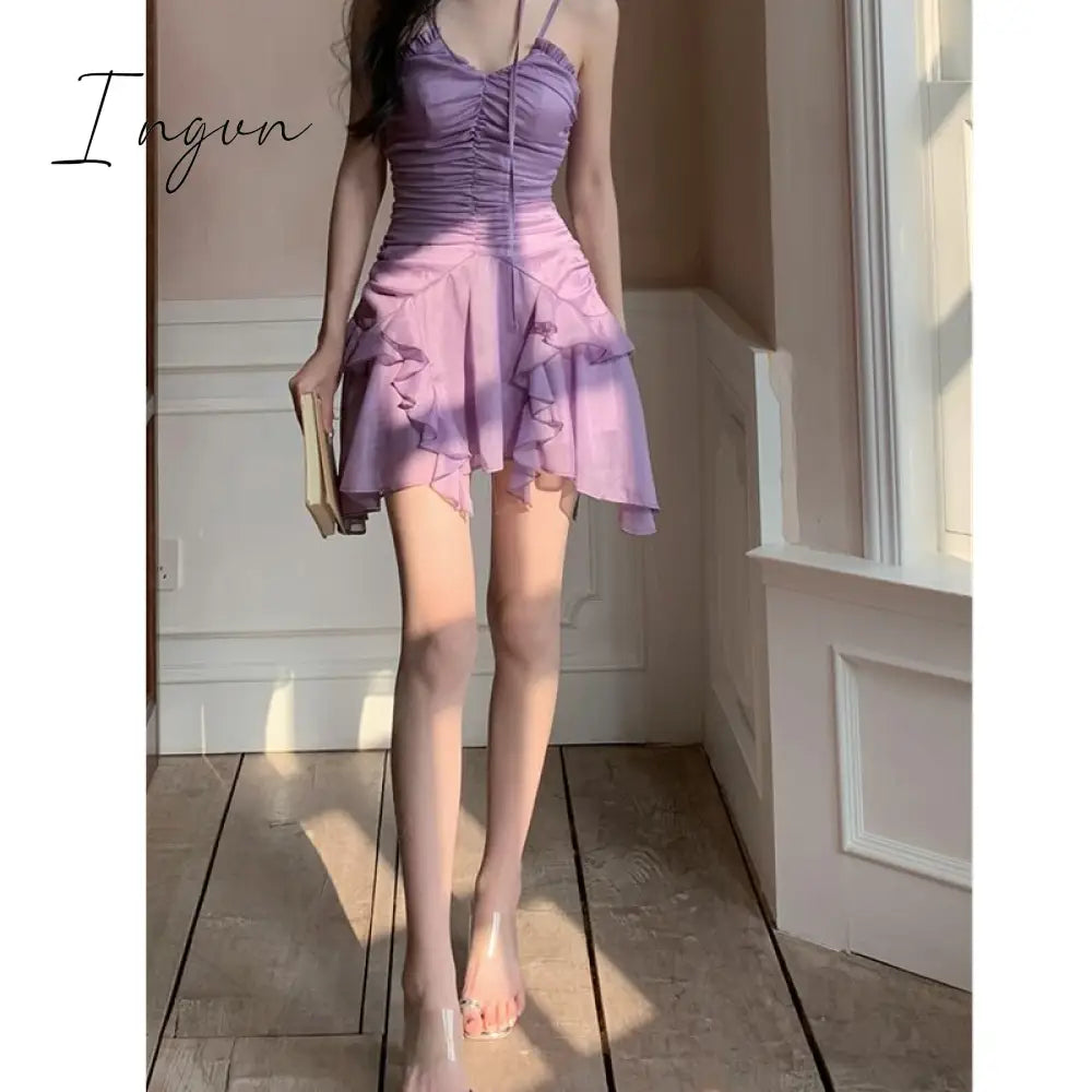 Ingvn - 2023 Summer Women’s Dress Sexy Fashion Suspender Short Irregular Skirt Purple Shoulder