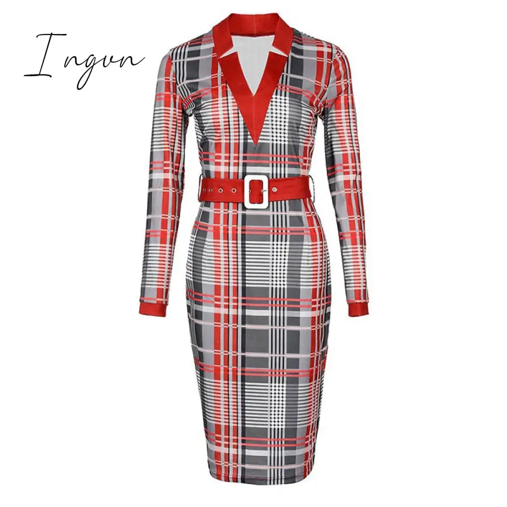 Ingvn - 2023 Trends Fashion Vintage Women Pattern Print Office Dresses Spring Autumn V - Neck Long