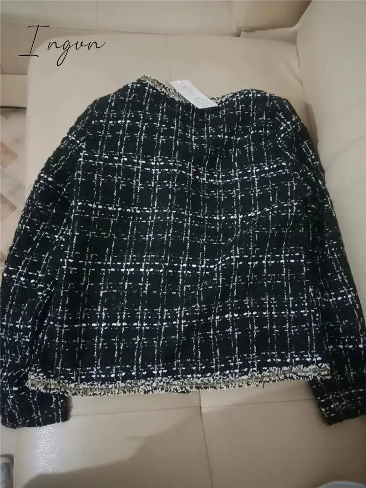 Ingvn - 2023 Trends Hot Sale Kurta For Women Cropped Tweed Coat Vintage O - Neck Open Stitch Tassel