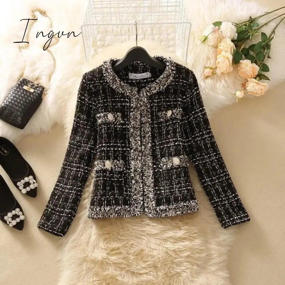 Ingvn - 2023 Trends Hot Sale Kurta For Women Cropped Tweed Coat Vintage O - Neck Open Stitch Tassel