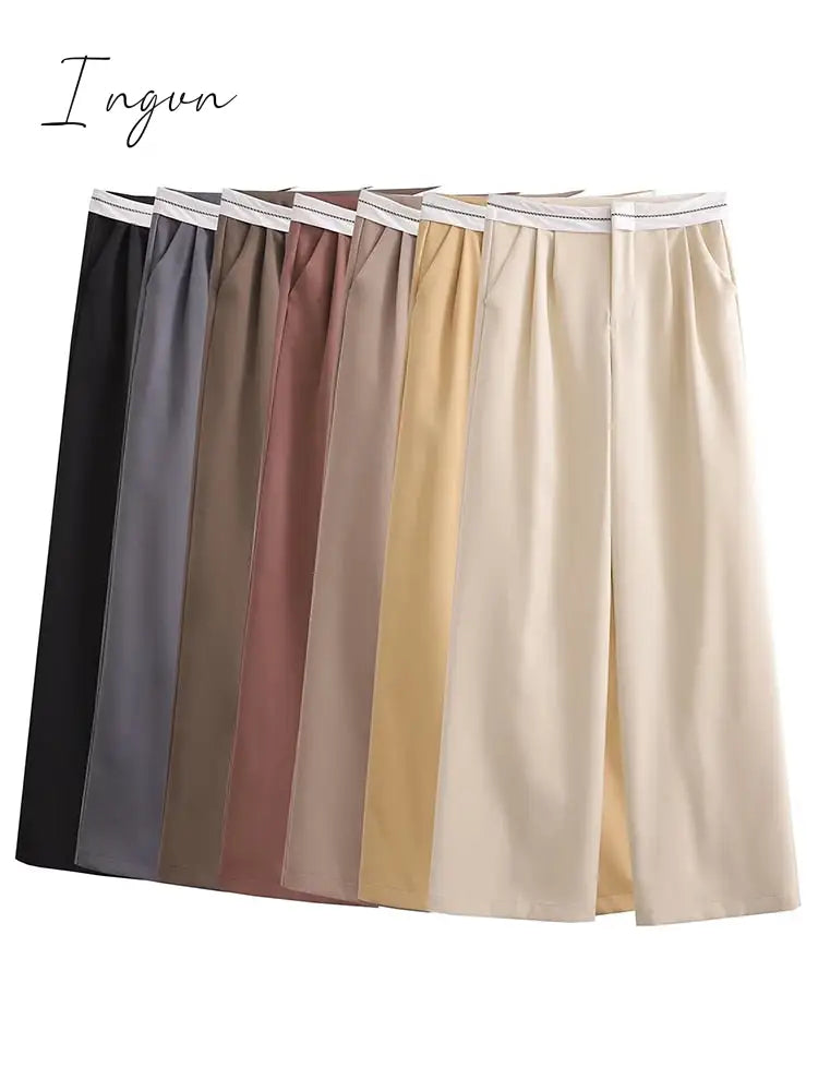 Ingvn - 2023 Women Fashion Side Pockets Patchwork Straight Pants Vintage High Waist Zipper Fly