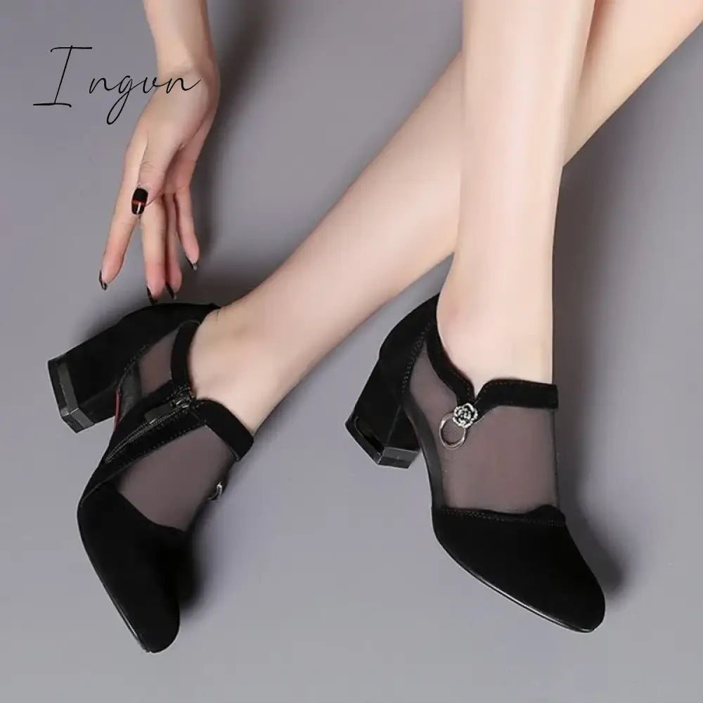 Ingvn - 2024 Women High Heel Shoes Mesh Breathable Pumps Zip Pointed Toe Thick Heels Fashion Female