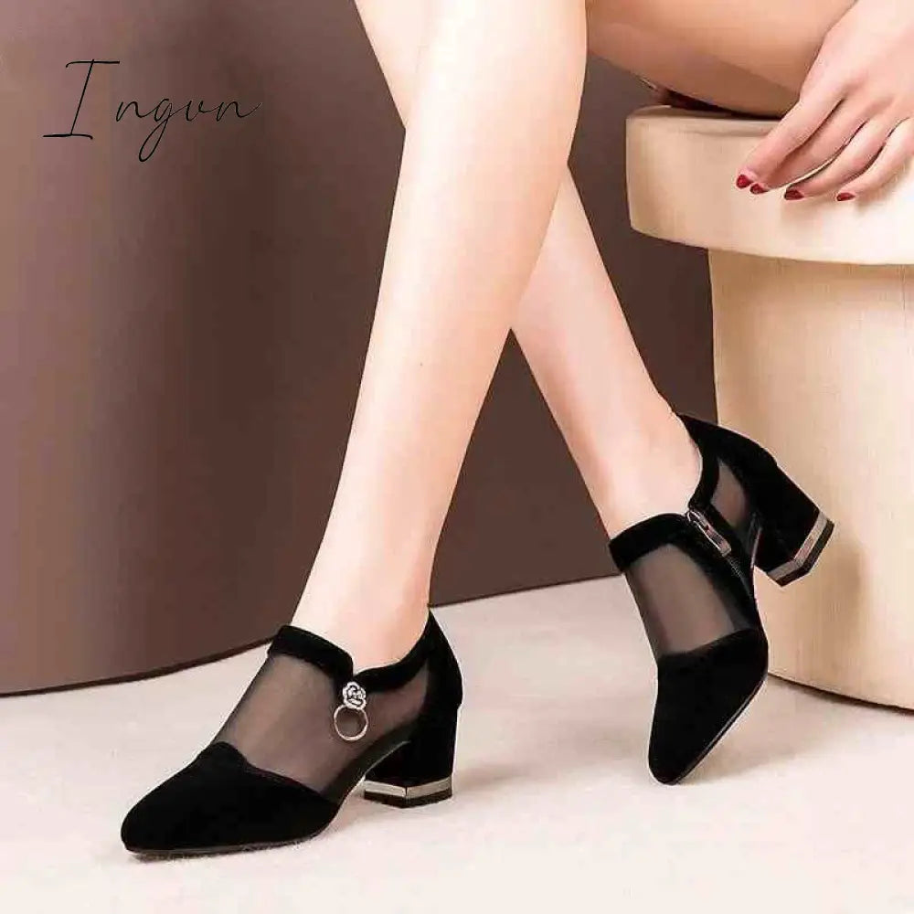 Ingvn - 2024 Women High Heel Shoes Mesh Breathable Pumps Zip Pointed Toe Thick Heels Fashion Female