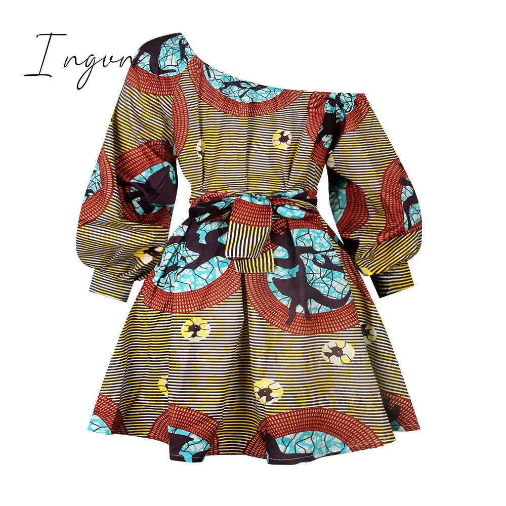 Ingvn - African Dresses For Women Full Sleeve Summer Tilting Shoulder Two Wear Dress Dashiki Print