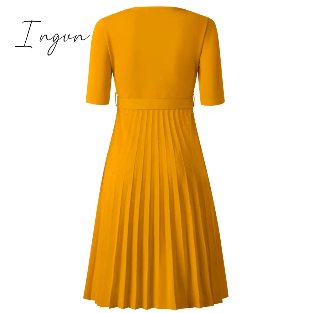 Ingvn - African Style Women Casual Belted Pleated Dress Elegant Chic Office Lady A - Line High