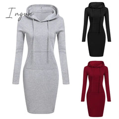 Ingvn - Autumn And Winter Hoodie Dress Elegant Long Sleeve Pocket Combining Casual Women’s Midi