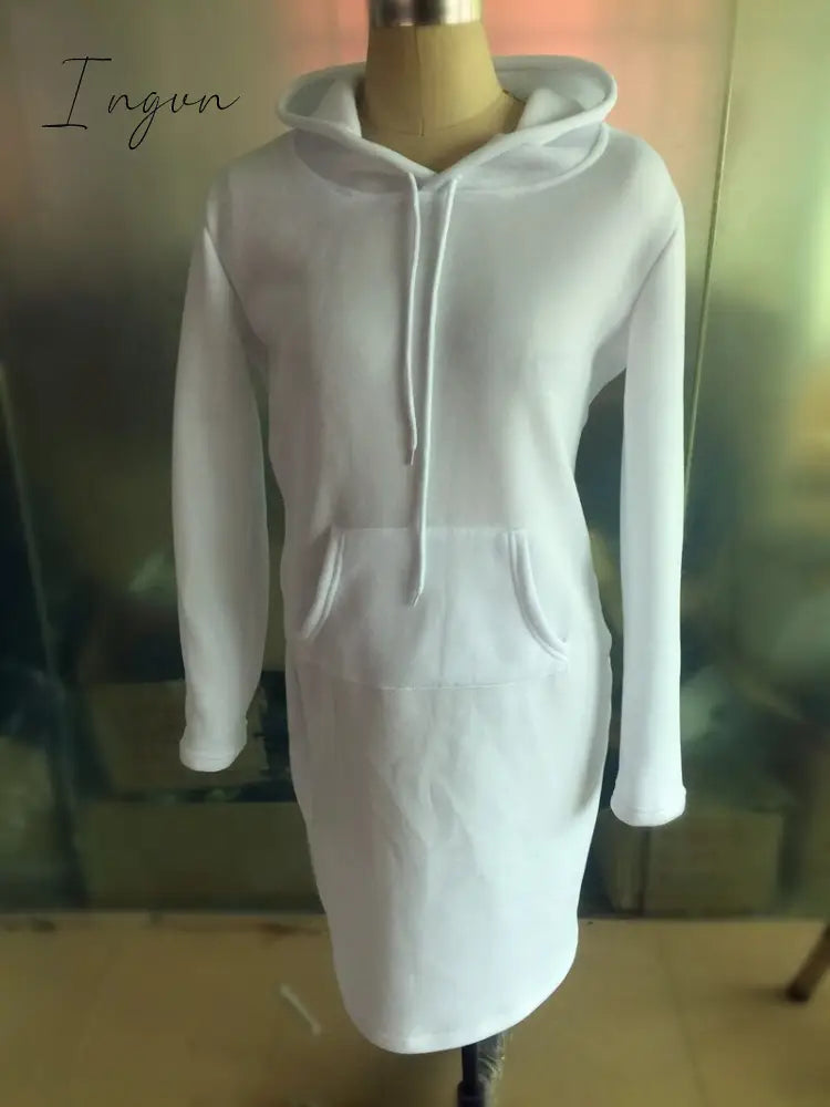 Ingvn - Autumn And Winter Hoodie Dress Elegant Long Sleeve Pocket Combining Casual Women’s Midi