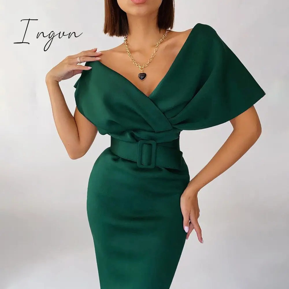 Ingvn - Autumn Elegant Dress Fashion Off Shoulder V - Neck High Waist Belt Slim Party Evening Women