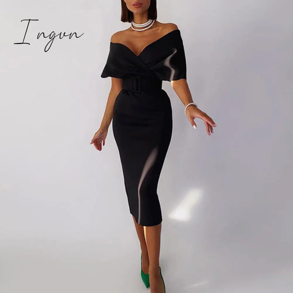 Ingvn - Autumn Elegant Dress Fashion Off Shoulder V - Neck High Waist Belt Slim Party Evening Women