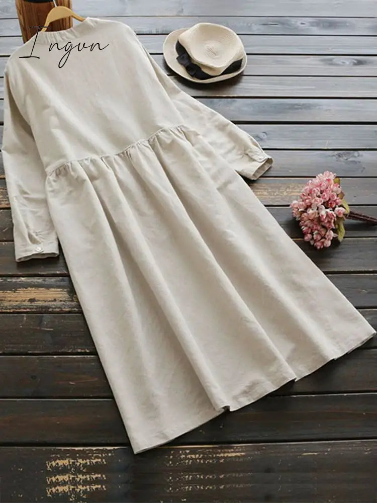 Ingvn - Autumn Embroidery Long Shirt Dress Vintage Women Casual Cotton Vestidos Sleeve Sundress
