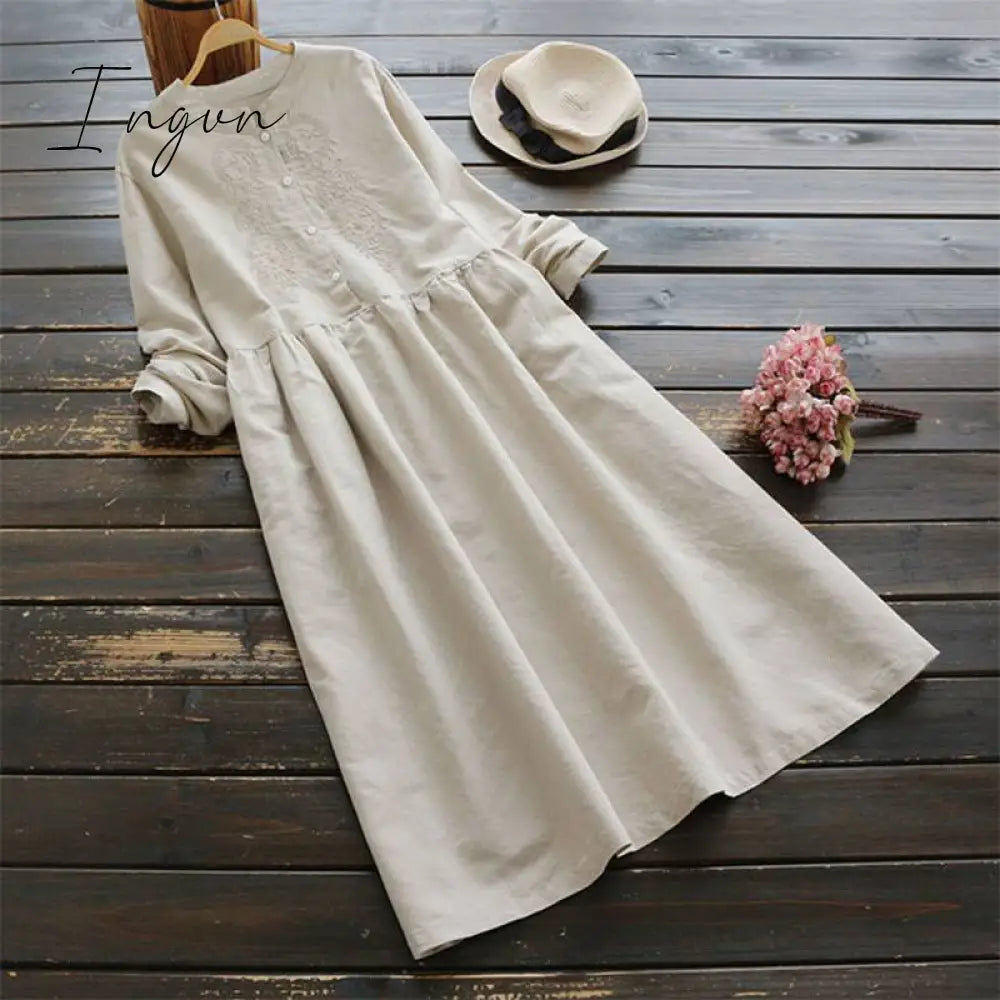Ingvn - Autumn Embroidery Long Shirt Dress Vintage Women Casual Cotton Vestidos Sleeve Sundress